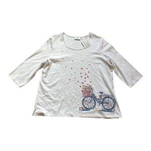 Quacker Factory 3/4 Sleeve Embellished Flower and Bicycle White Tee XL NWOT